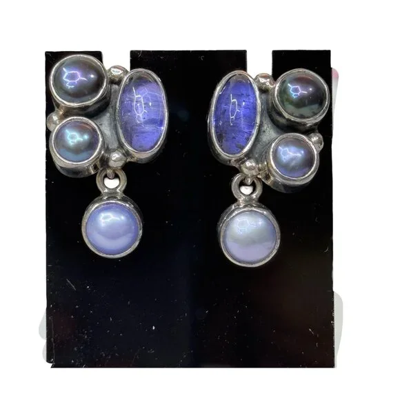 Amy Kahn Sterling Silver Earrings Cluster Labradorite Purple Pearls Drop Dangle - Picture 1 of 7